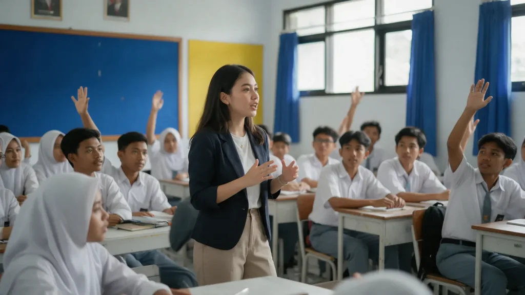 Alumni berbicara di depan kelas, murid mengangkat tangan untuk bertanya