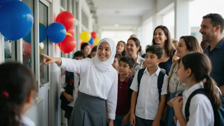 Murid memandu pengunjung Open House di lorong berhias balon