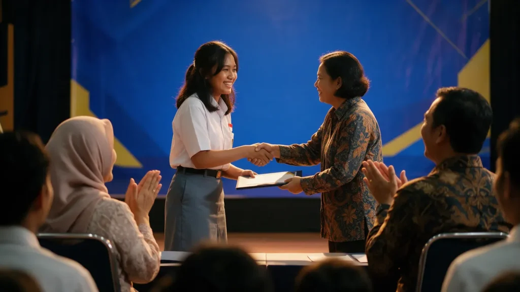 Murid menerima piagam beasiswa di atas panggung