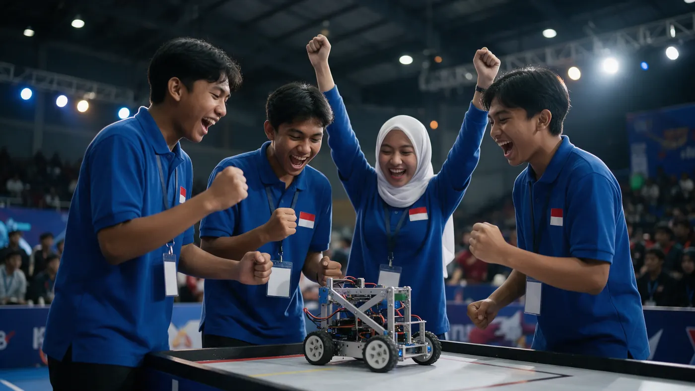 Tim robotik bersorak di samping robot mereka saat lomba