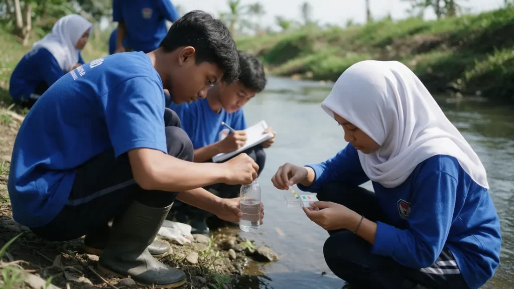 Murid mengambil sampel air di tepi sungai