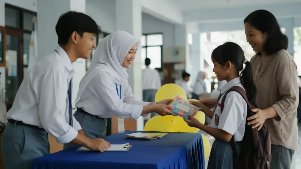 Murid menyambut tamu di meja registrasi Open House