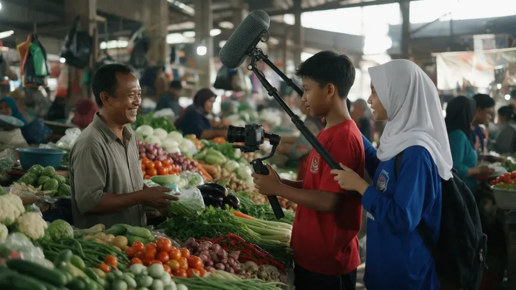 Murid merekam dokumenter pendek di pasar tradisional