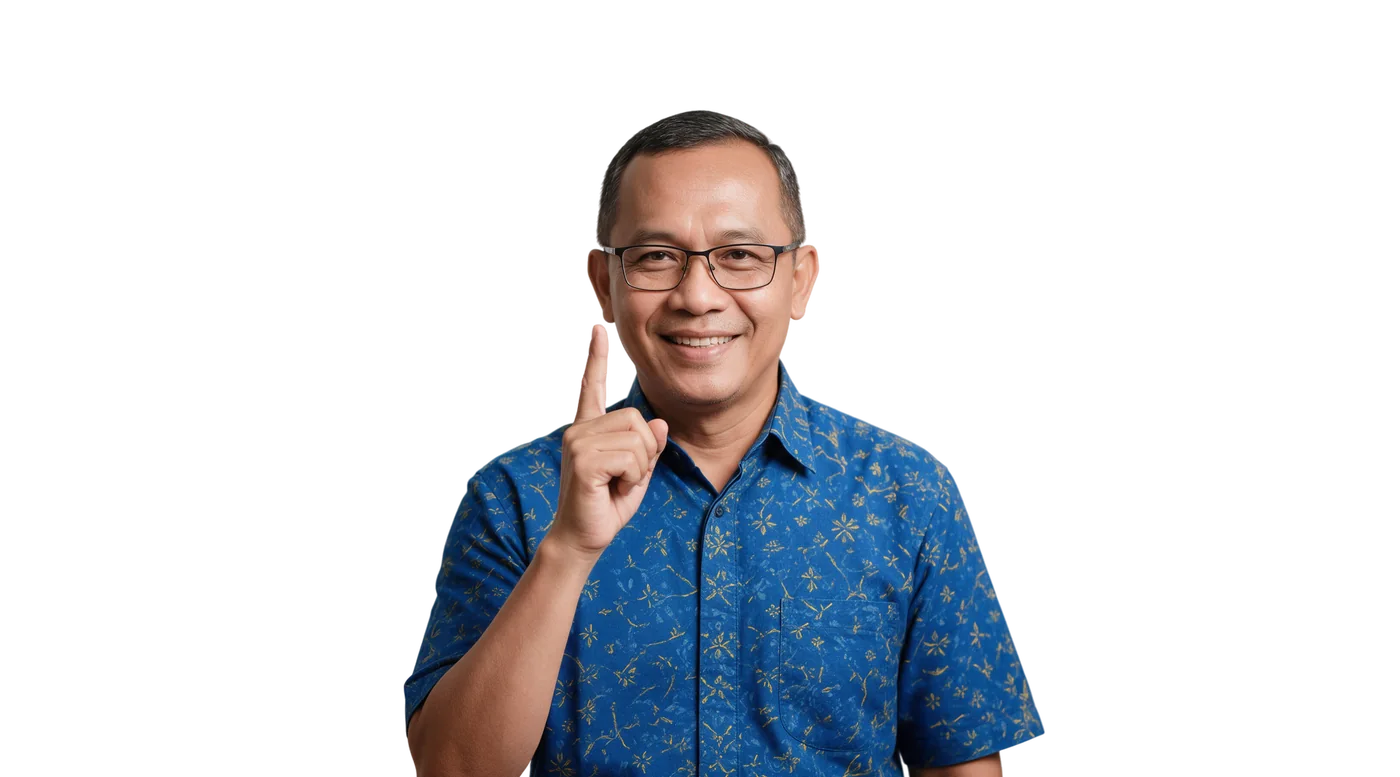 Kepala sekolah berkemeja batik biru tersenyum dan memberi semangat