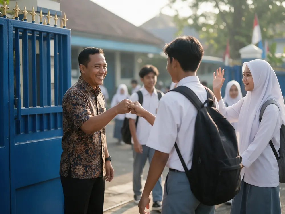 Guru piket menyapa murid di gerbang sekolah