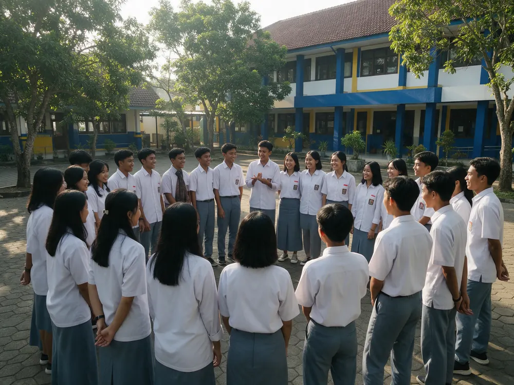Murid berkumpul di halaman sekolah pada pagi hari