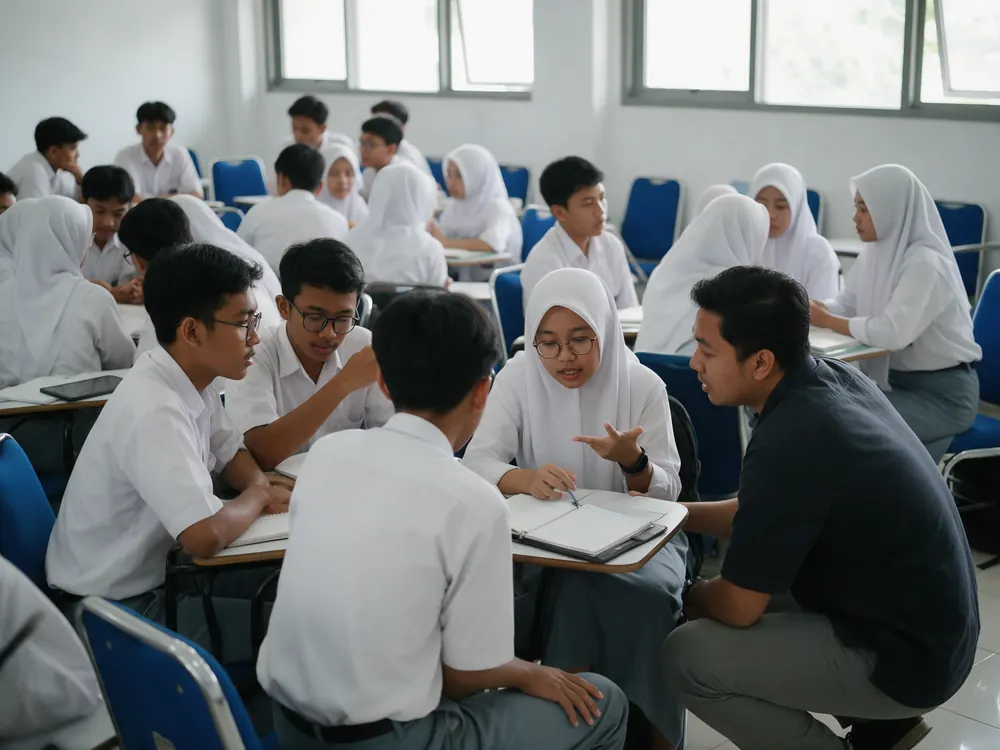 Guru mendampingi diskusi kelompok di kelas