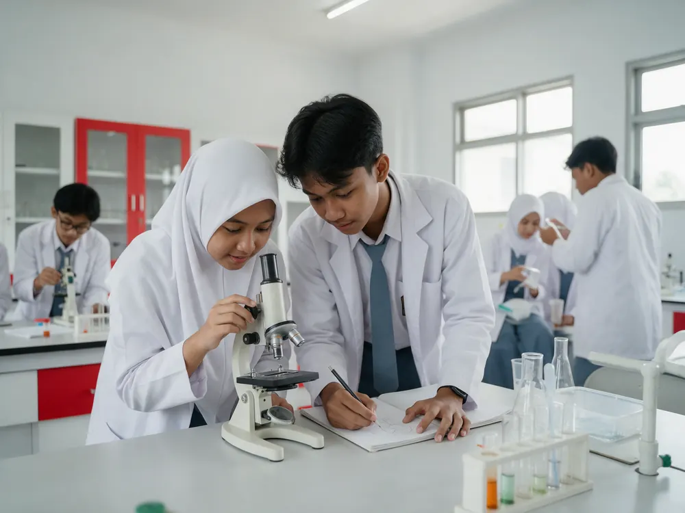 Murid mengamati sampel dengan mikroskop