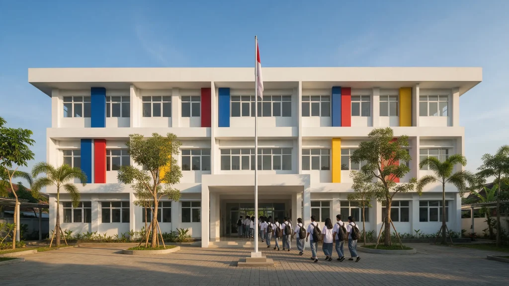 Gedung sekolah berlantai tiga dengan tiang bendera di halaman depan