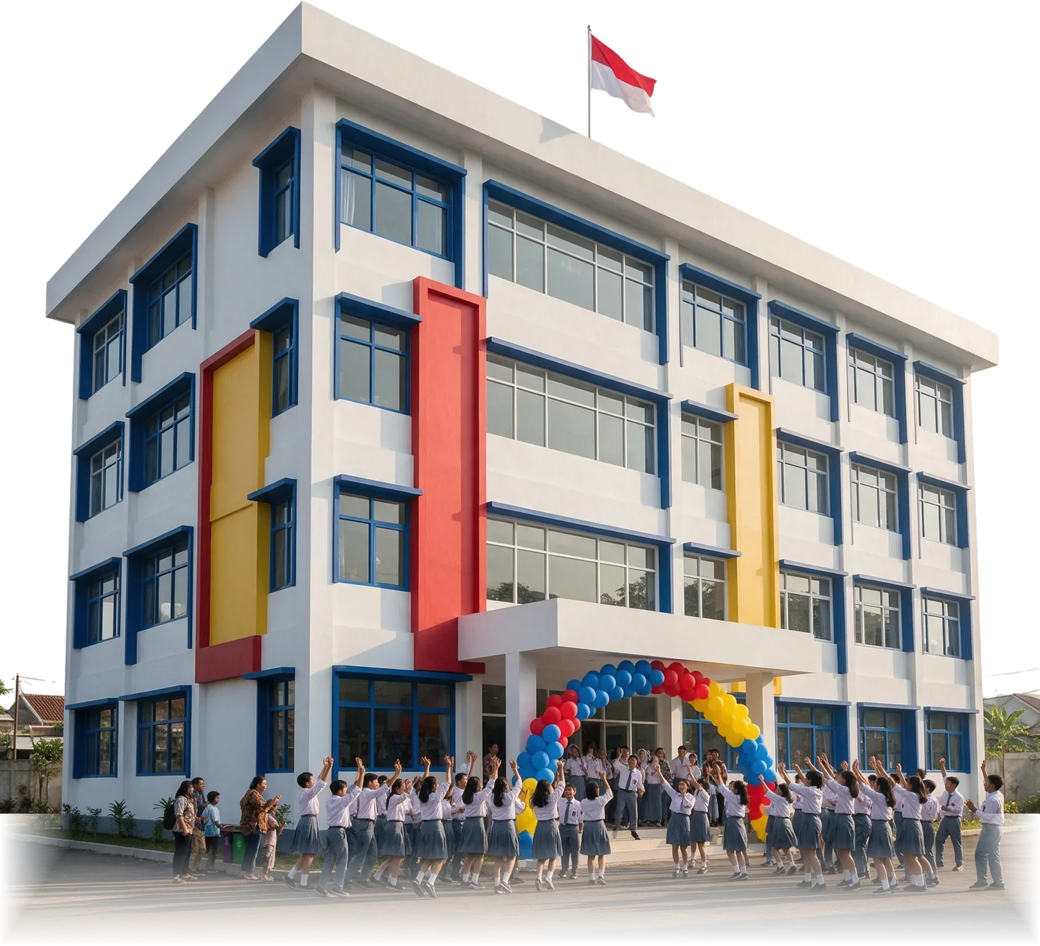 Gedung SMA Mustikane saat Open House: lengkungan balon biru-merah-kuning di pintu masuk dan murid bersorak menyambut tamu