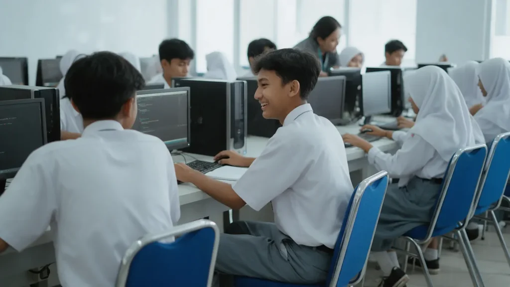 Murid belajar di laboratorium komputer