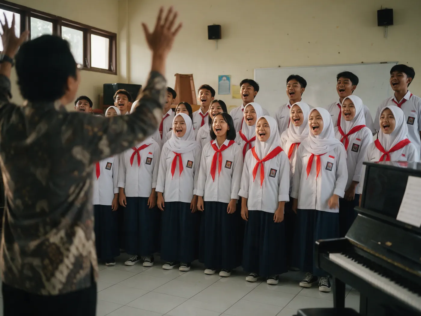 Paduan suara berlatih bersama pelatihnya
