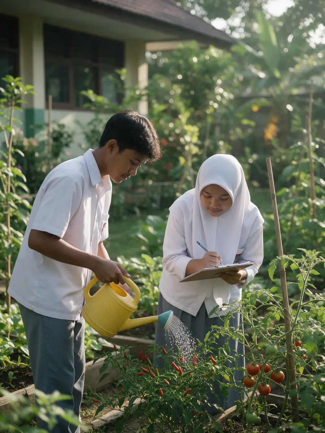 Murid merawat tanaman di kebun sekolah