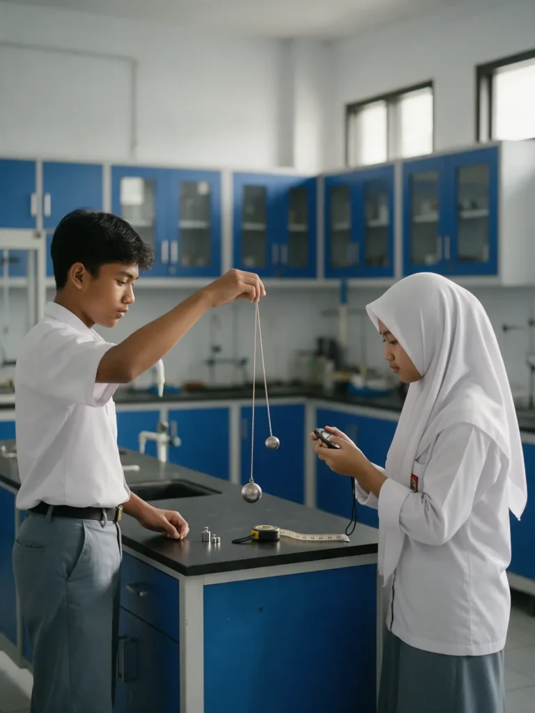 Dua murid melakukan percobaan fisika di laboratorium