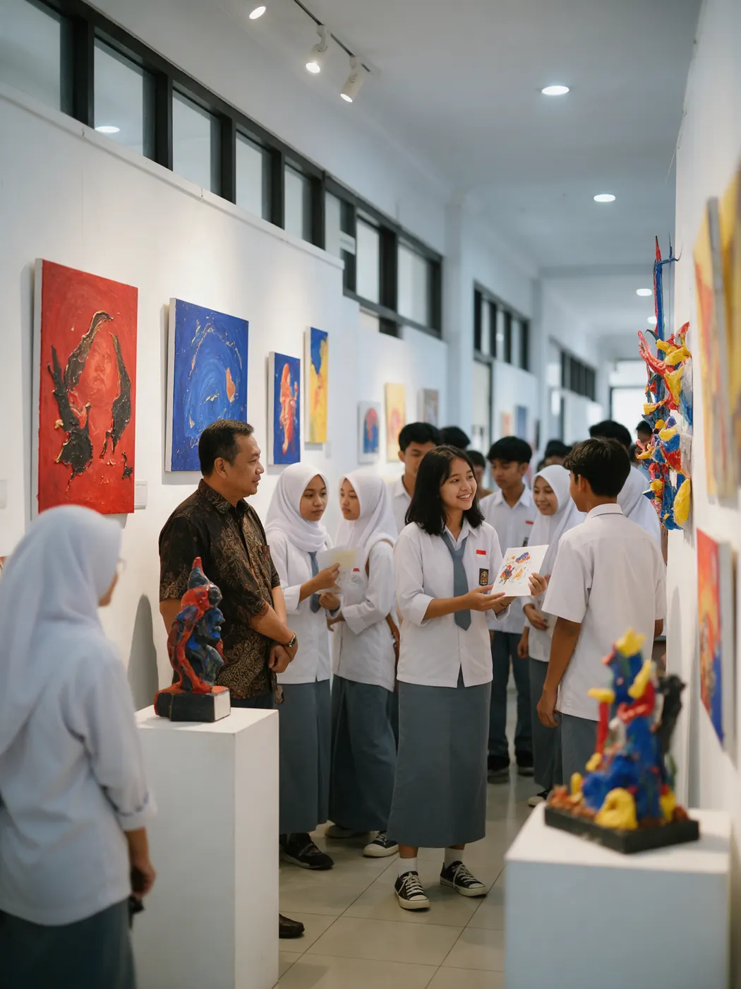 Pengunjung melihat pameran karya murid di galeri sekolah