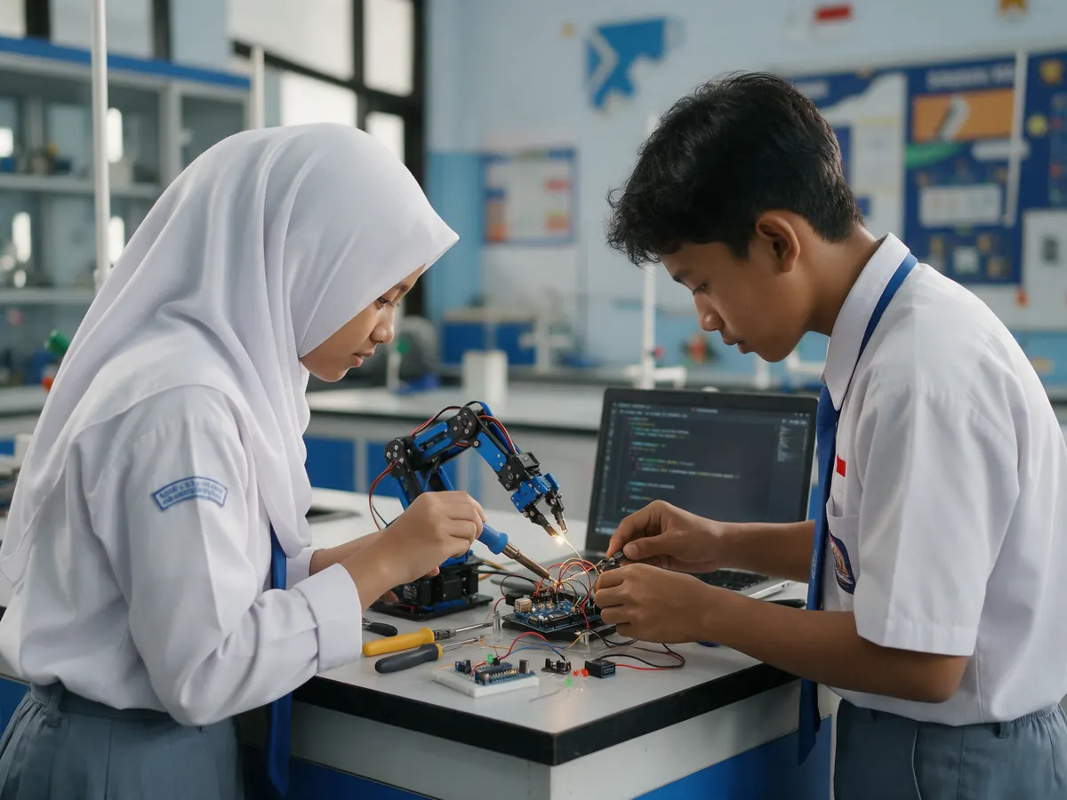 Murid jalur Sains & Teknologi merakit lengan robot di meja lab