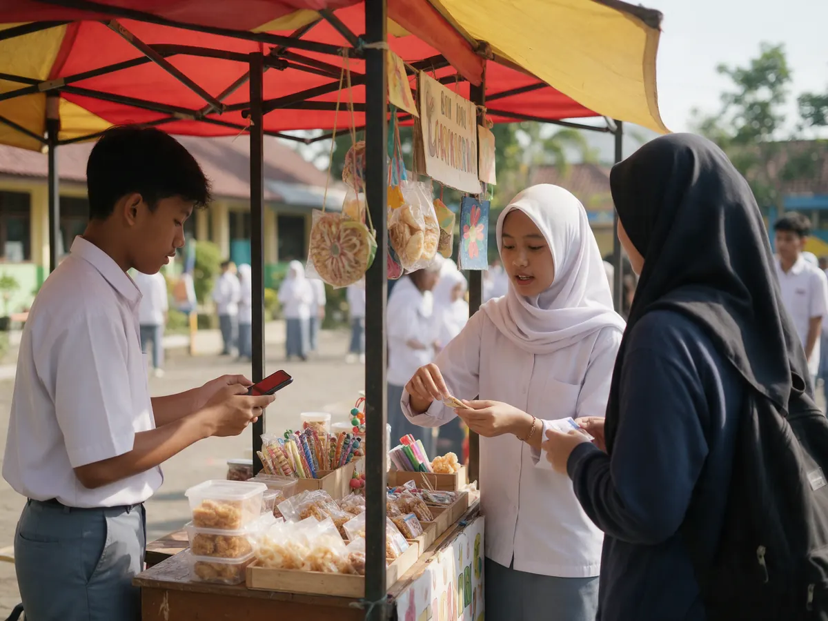 Murid jalur Sosial & Bisnis melayani pembeli di stan bazar wirausaha