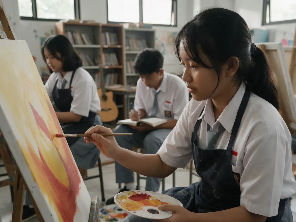 Murid jalur Bahasa, Seni & Budaya melukis di studio seni