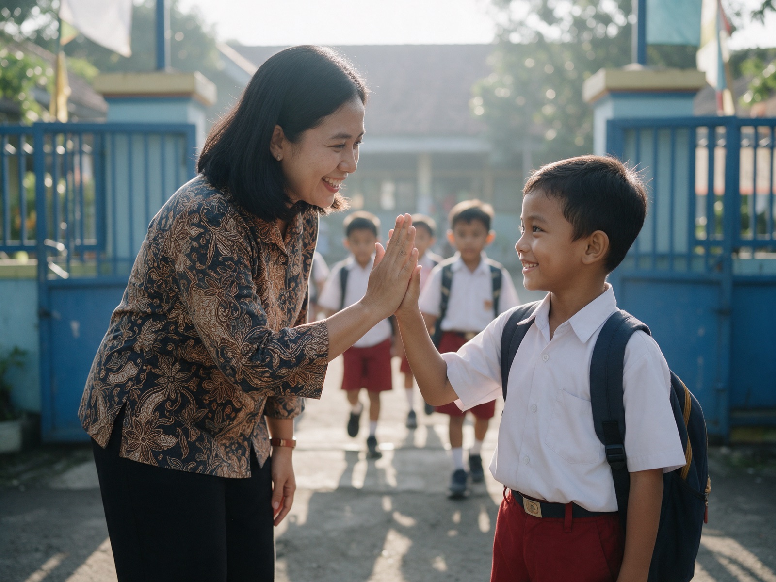 Guru menyambut murid SD dengan tos di gerbang sekolah