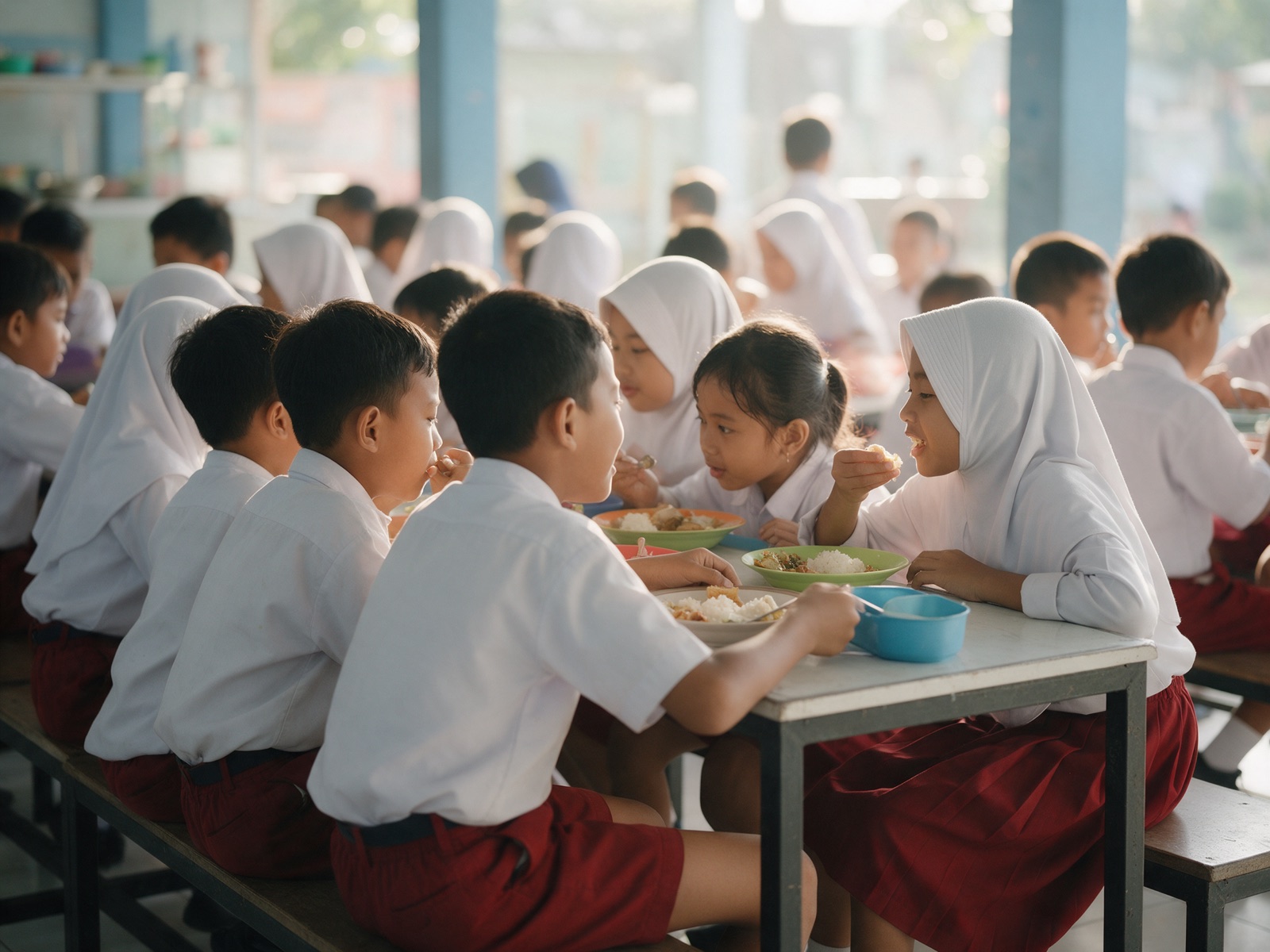Murid SD makan siang bersama di ruang makan