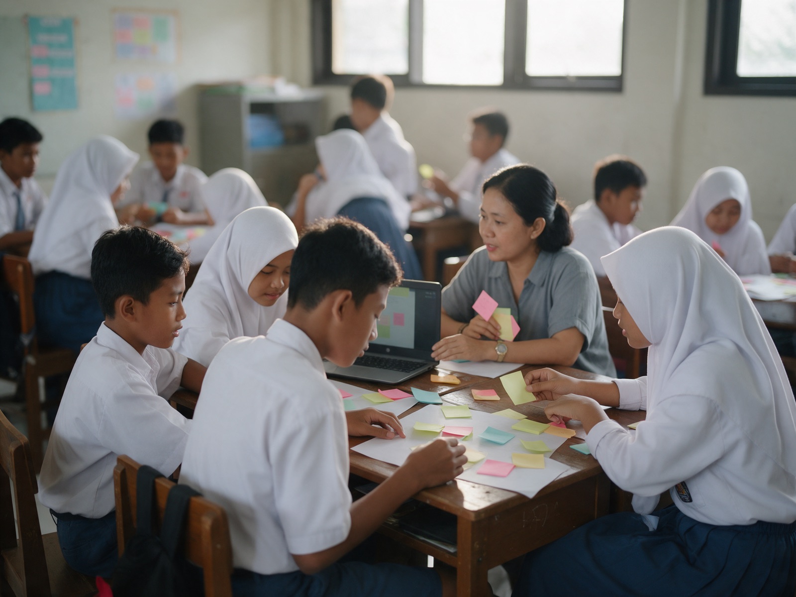 Murid SMP berdiskusi kelompok dengan kertas tempel warna-warni