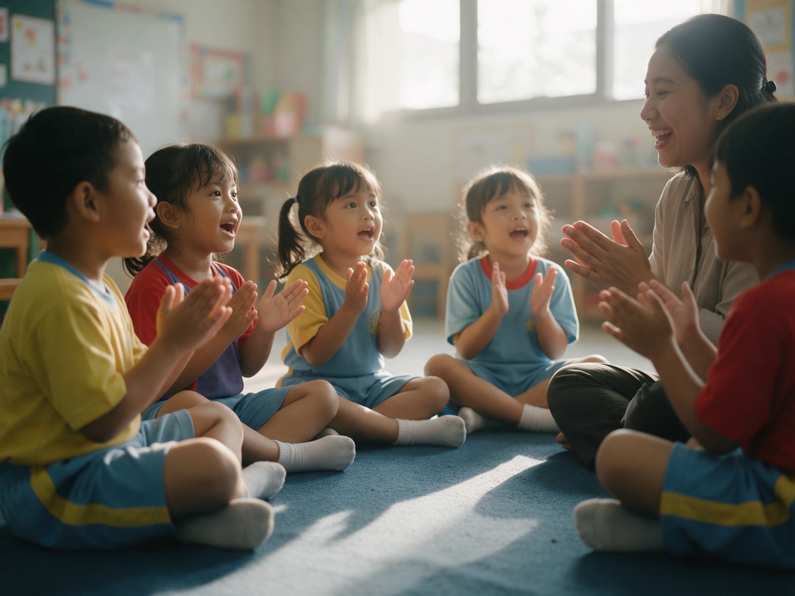 Anak TK bertepuk tangan dalam lingkaran pagi