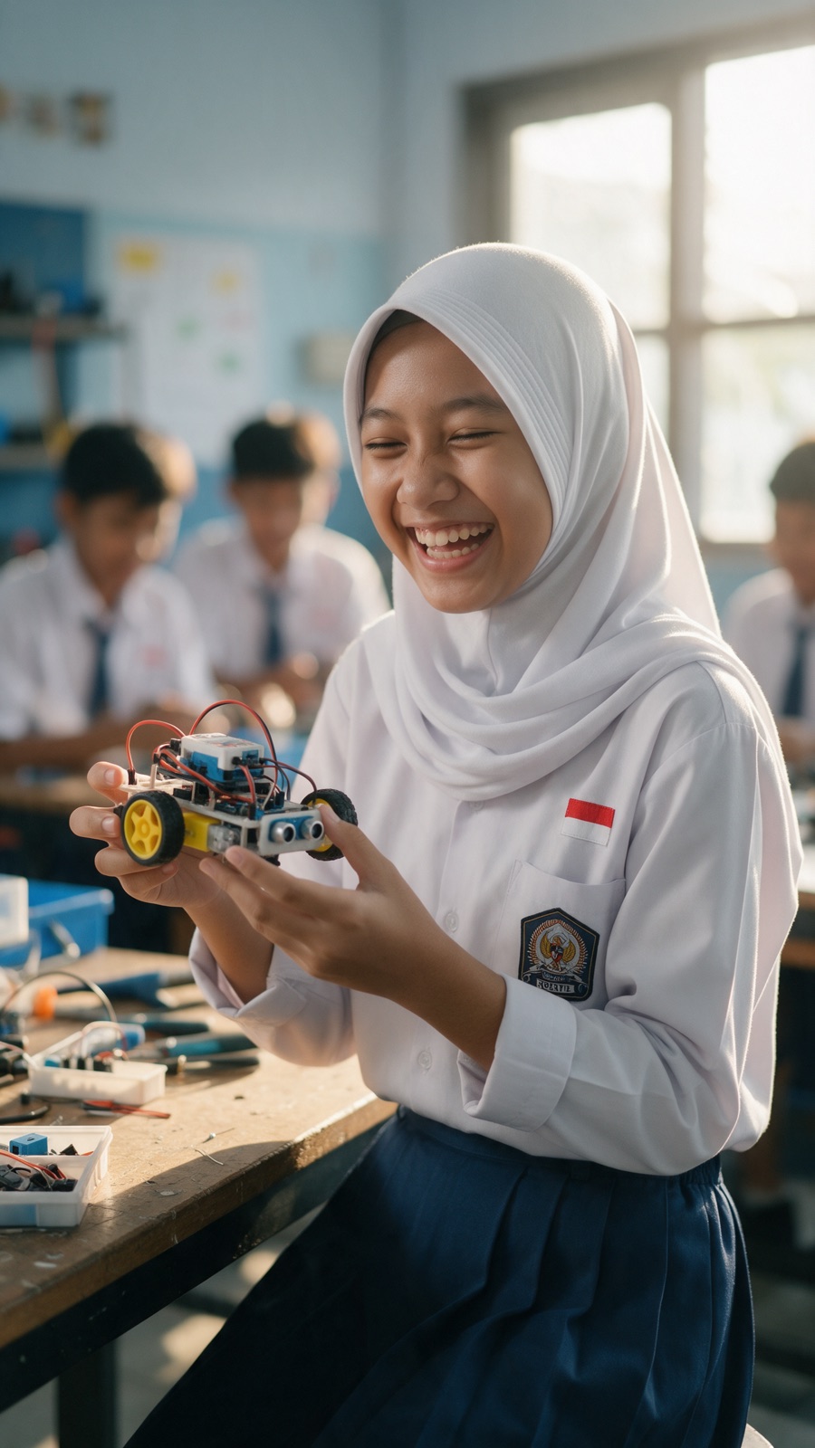 Murid SMP Mustikane tertawa sambil memegang robot rakitan