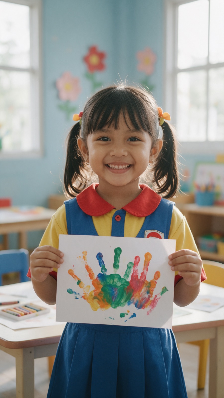Murid TK Mustikane memamerkan lukisan cap tangan warna-warni