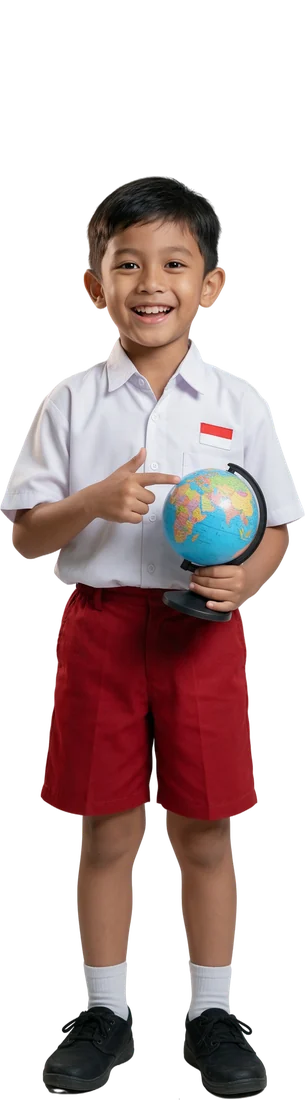 Murid SD memegang globe
