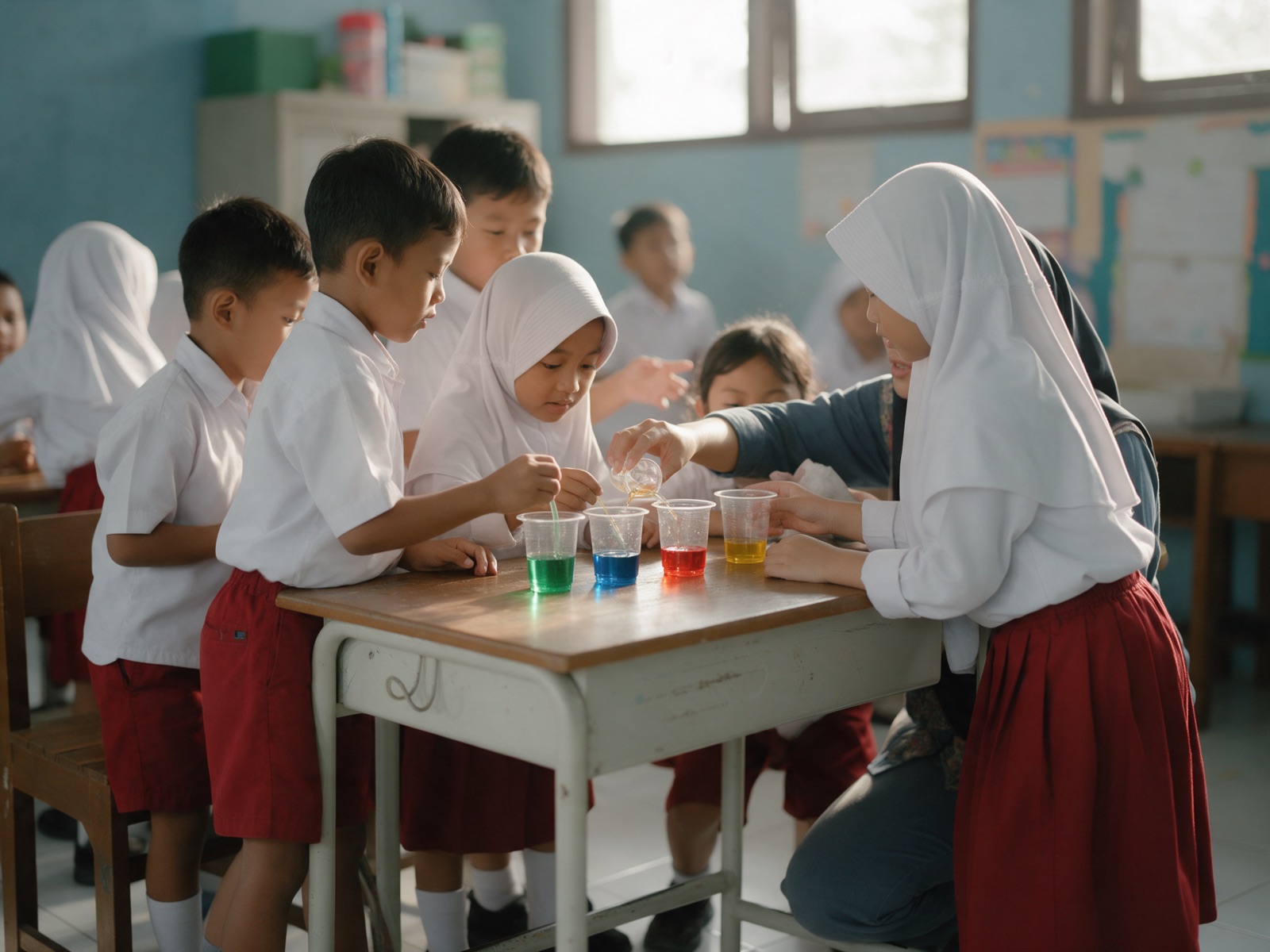 Murid SD mencoba percobaan warna air bersama guru