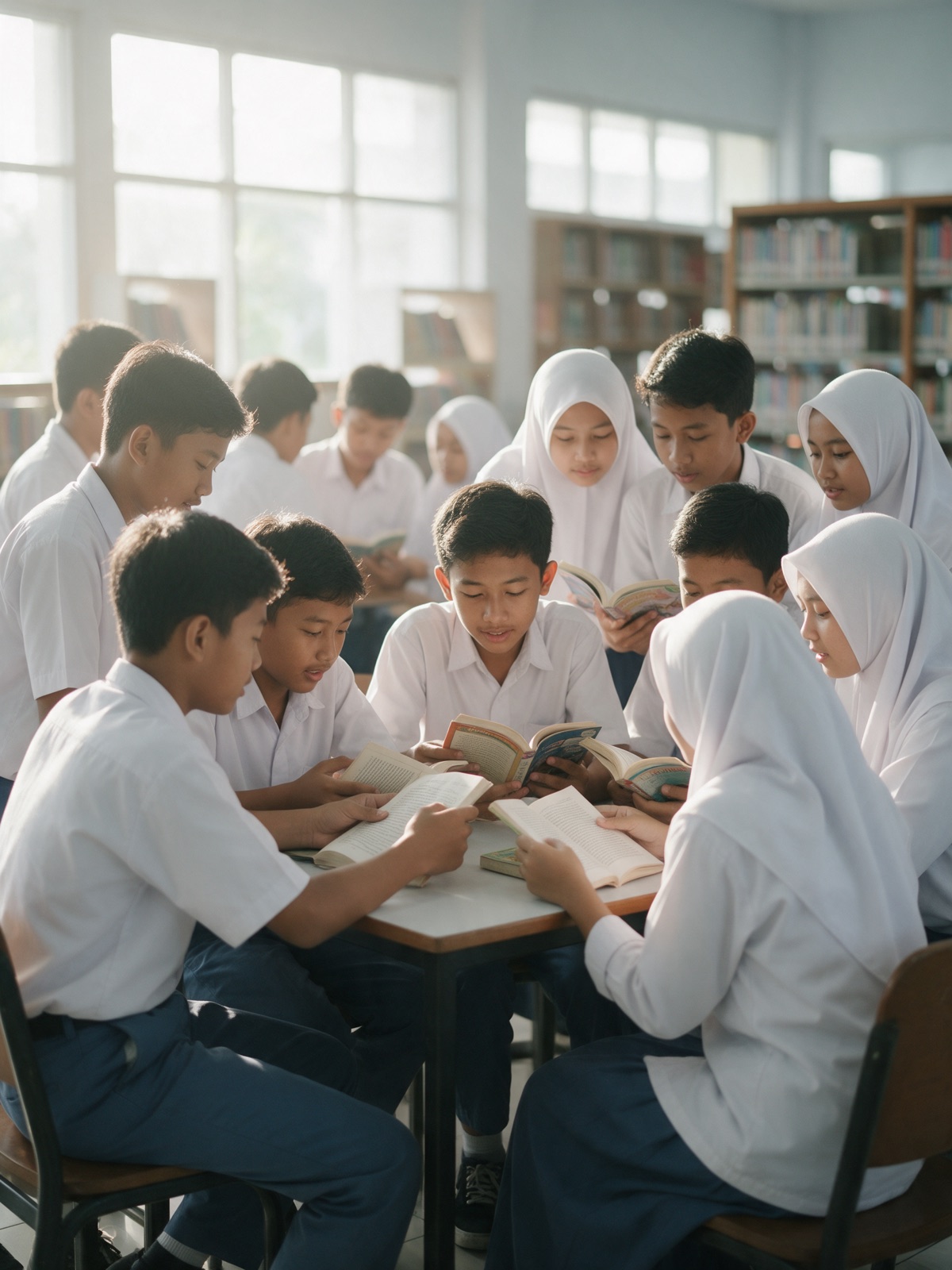 Murid SMP membaca dan berdiskusi di perpustakaan