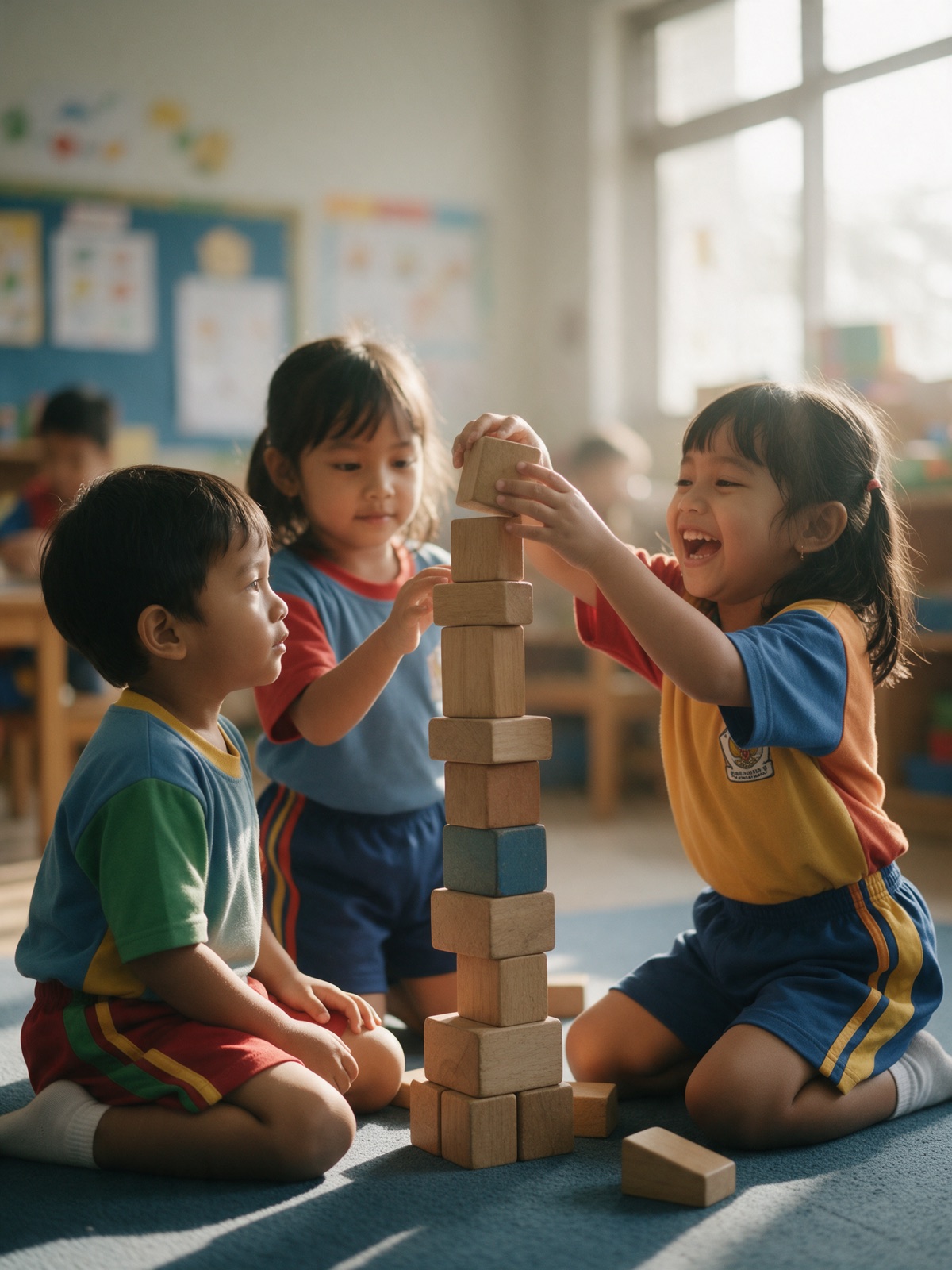 Anak TK menyusun menara balok kayu bersama teman