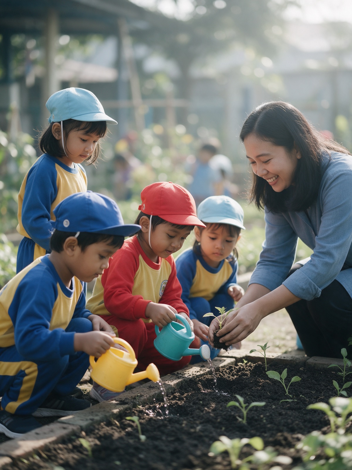 Anak TK menyiram tanaman di kebun sekolah bersama guru