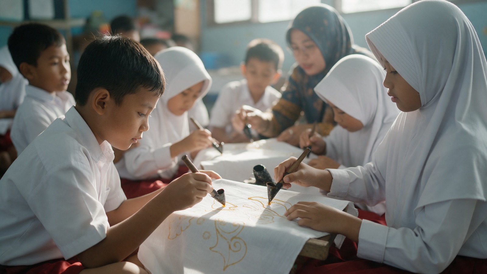 Murid SD membatik dengan canting
