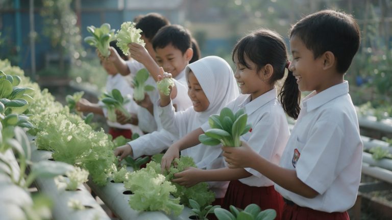 Murid SD memanen sayur hidroponik
