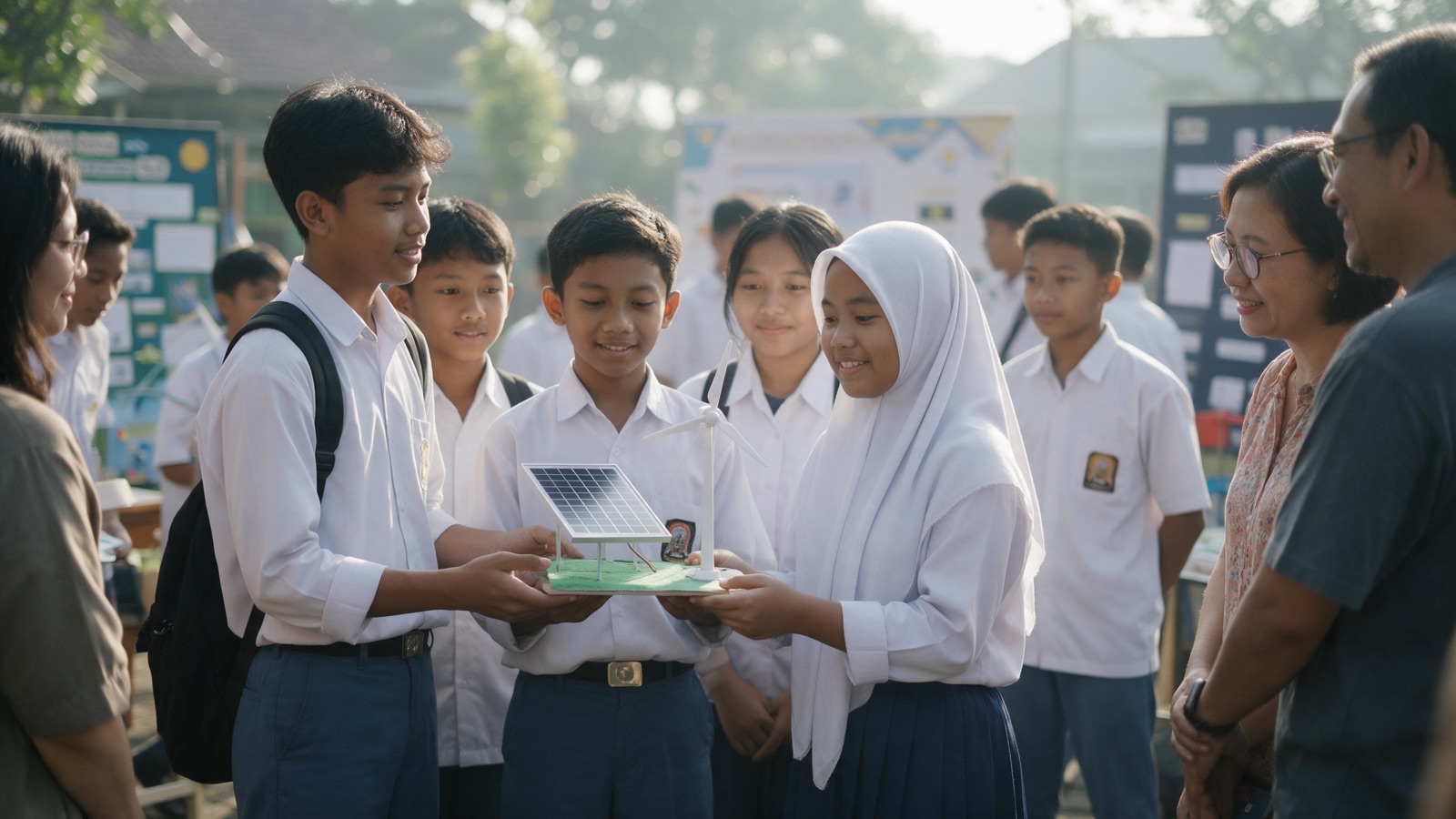 Murid SMP memamerkan model panel surya