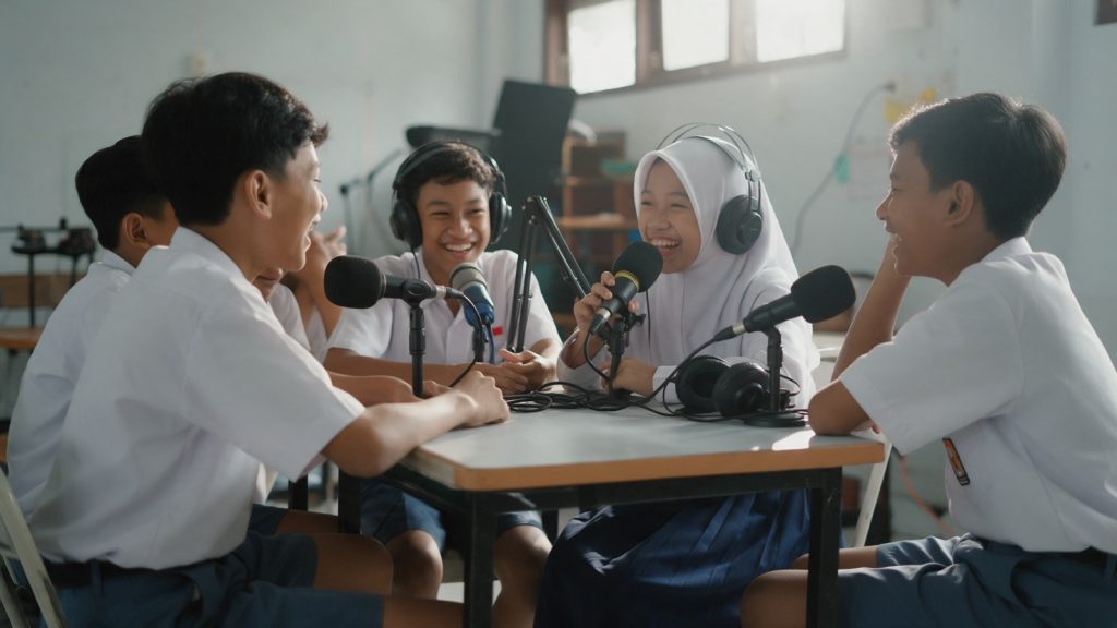 Murid SMP merekam podcast