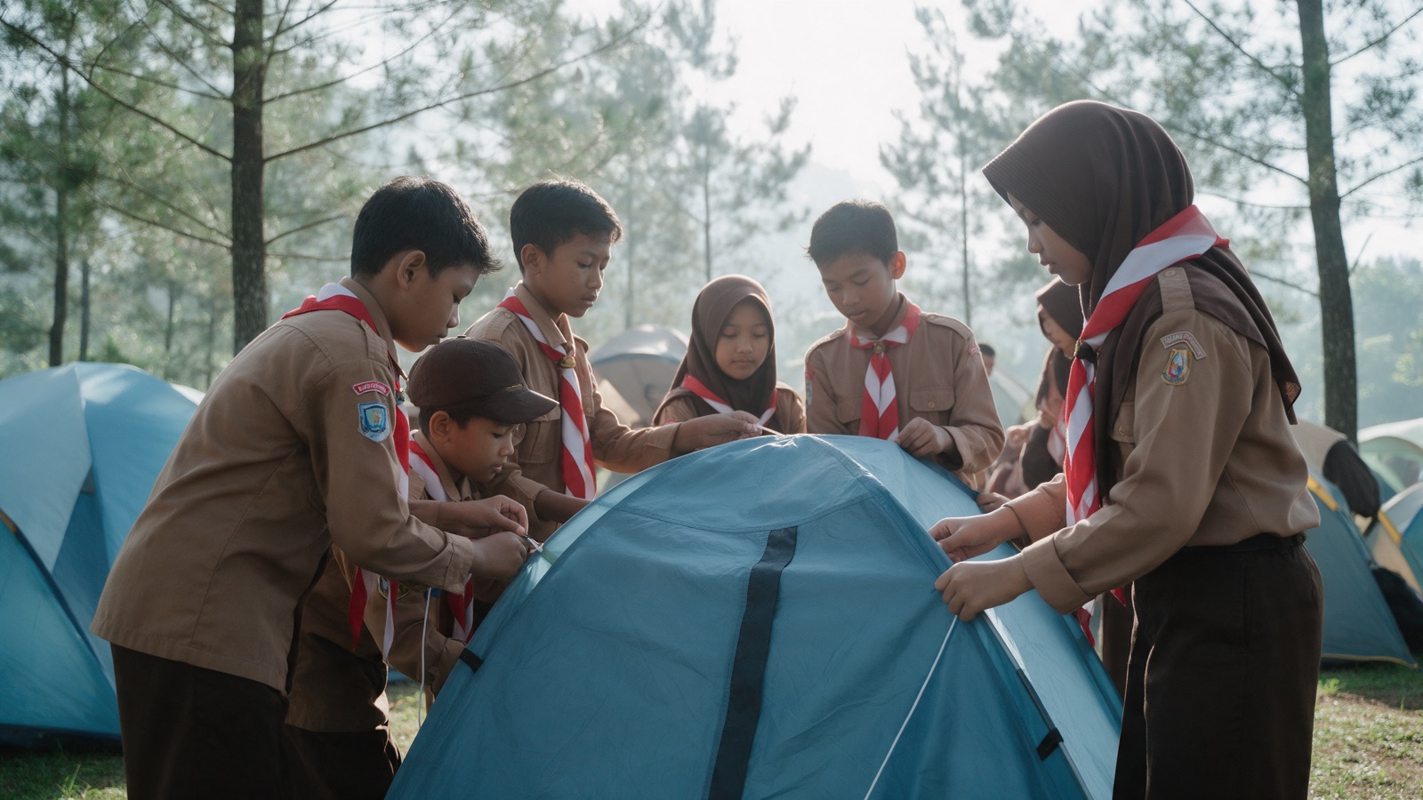 Pramuka SMP mendirikan tenda
