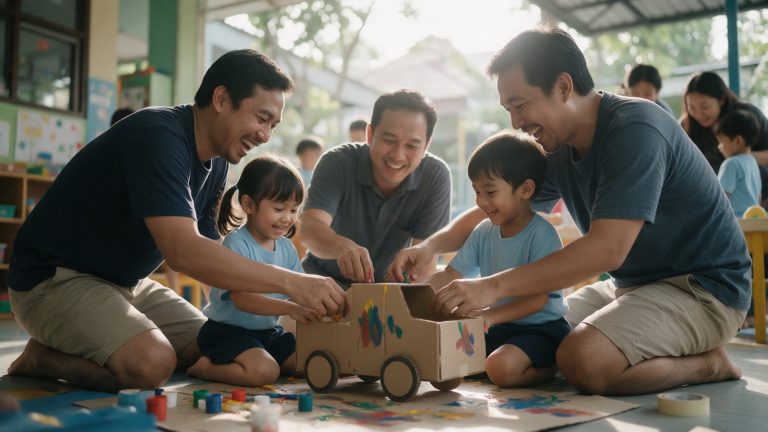 Ayah dan anak TK membuat mobil dari kardus