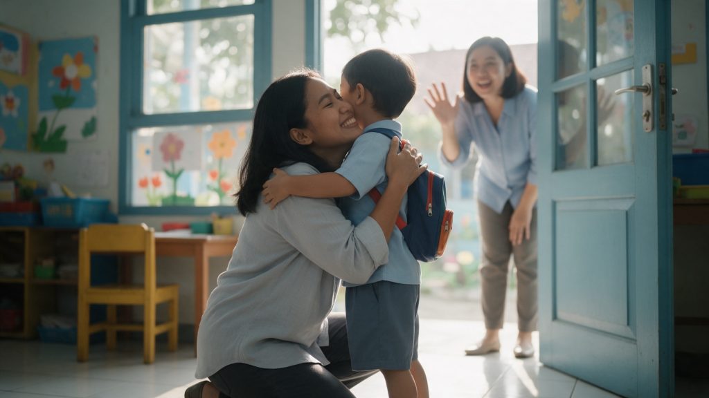 Ibu memeluk anaknya di pintu kelas TK pada hari pertama