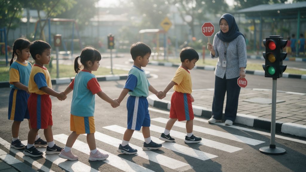 Anak TK belajar menyeberang di taman lalu lintas