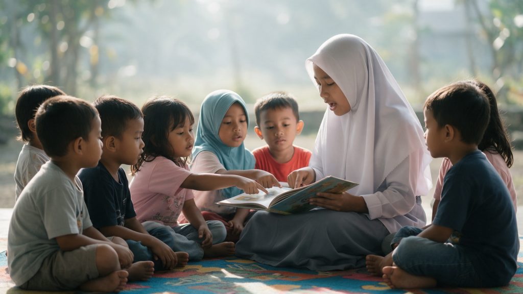 Murid SMA membacakan cerita untuk anak TK
