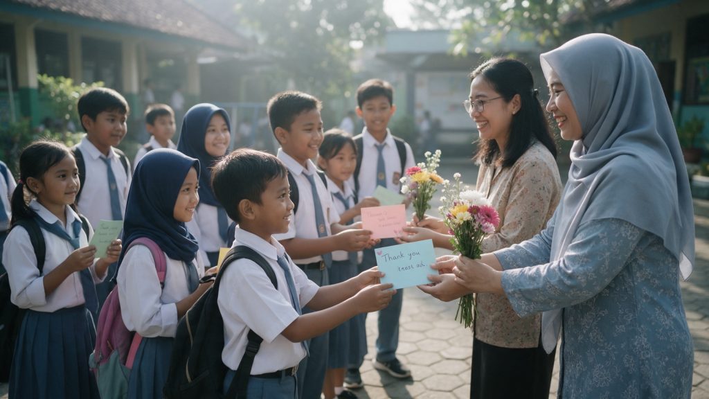 Murid memberi kartu terima kasih kepada guru