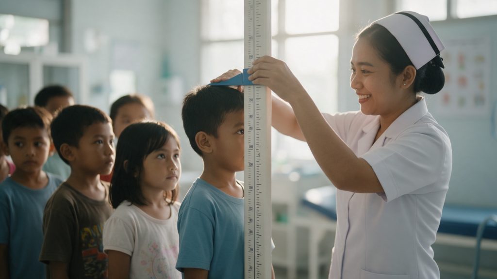 Petugas kesehatan mengukur tinggi badan murid