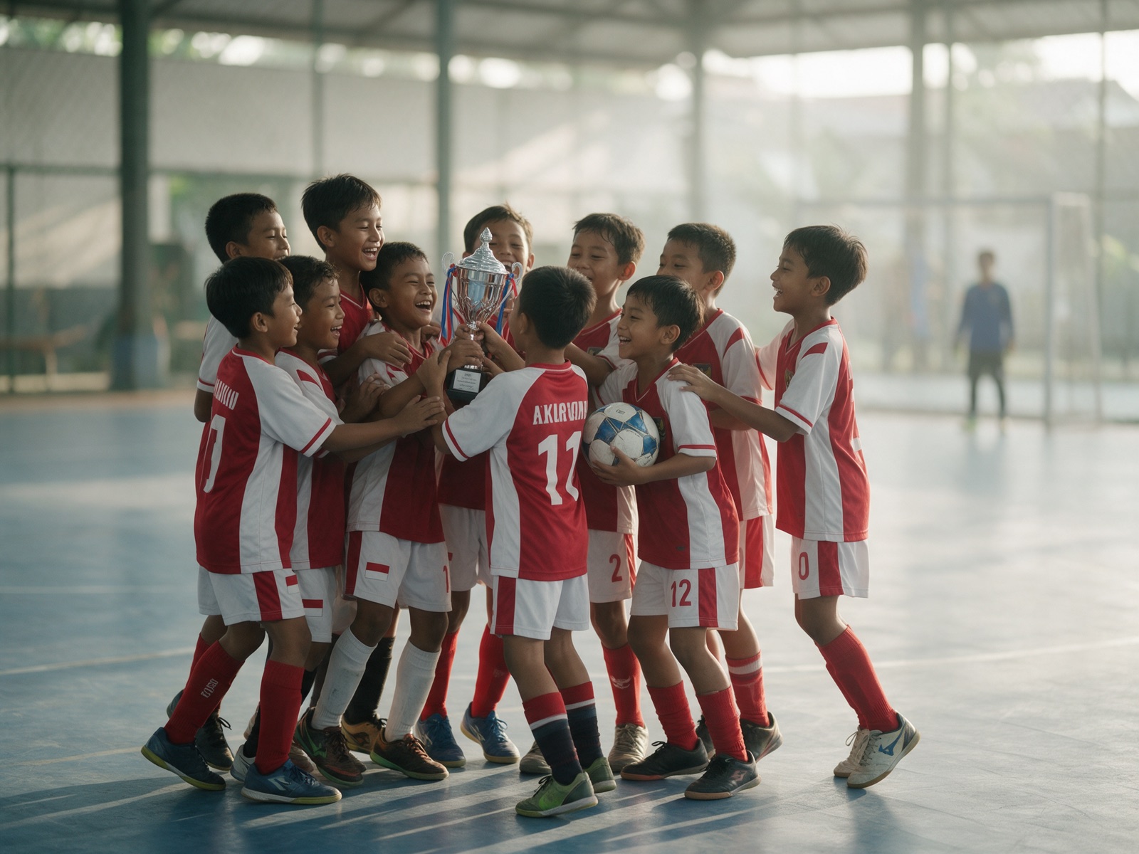 Tim futsal SD merayakan piala