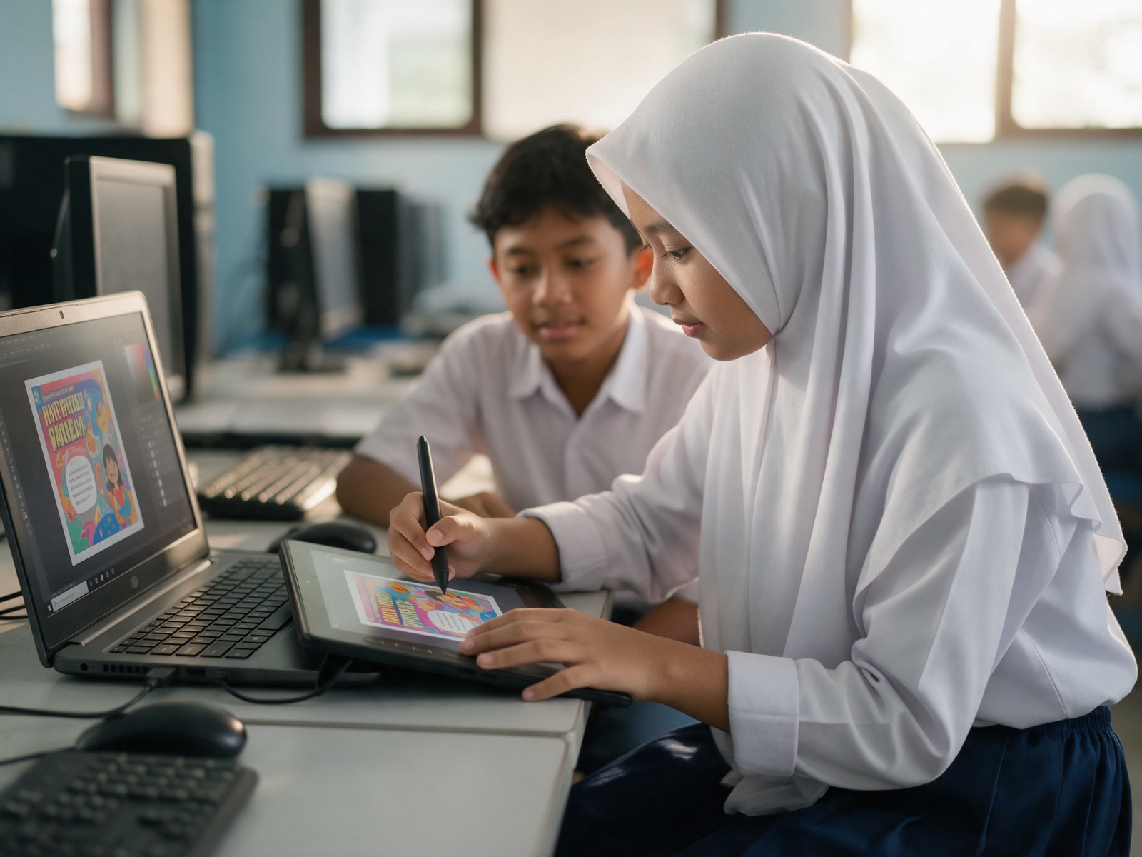 Murid SMP merancang poster digital