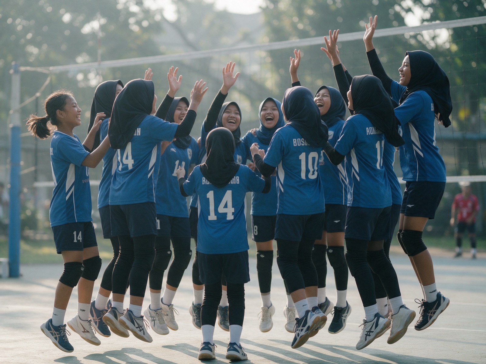 Tim voli putri SMP merayakan poin