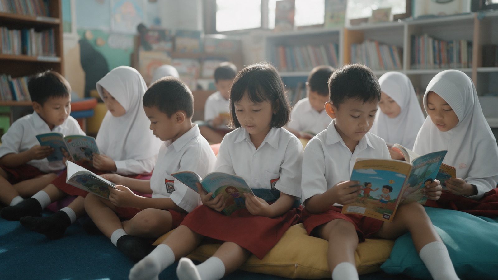 Murid SD membaca buku cerita bergambar di pojok baca