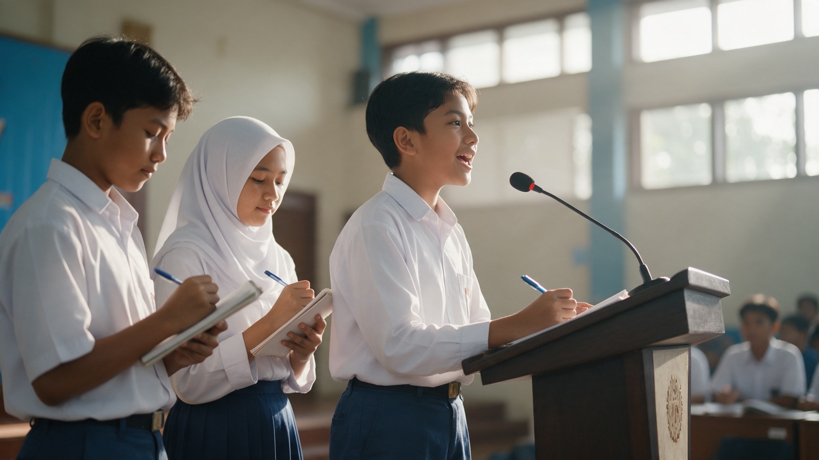 Tim debat SMP berbicara di podium