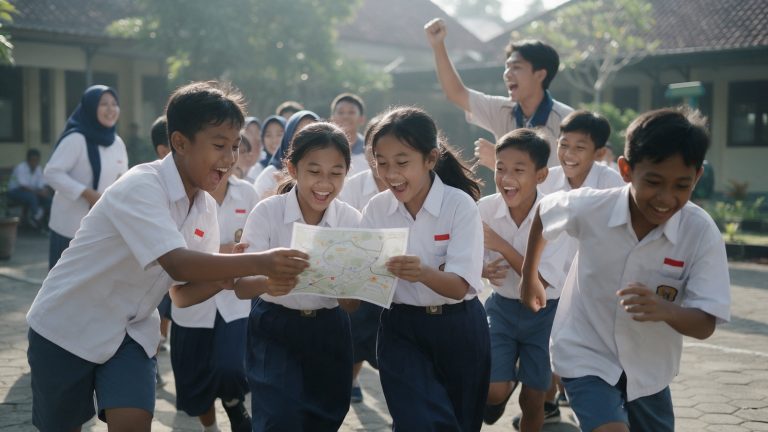 Murid baru SMP berlari membawa peta permainan orientasi